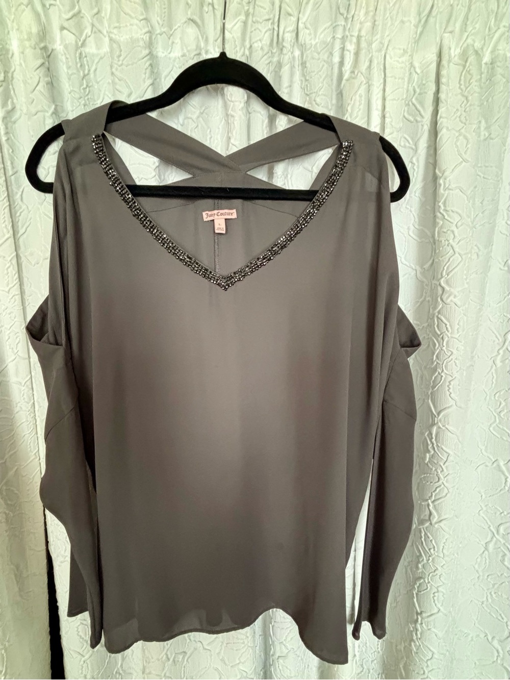 Juicy Couture Taupe Embellished V-Neck Cold Shoulder Top